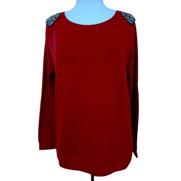 Jeans By Buffalo XL Embellished Beaded Shoulders Knit Top Crimson Cotton NEW - Picture 1 of 5